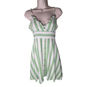 Lulu's Size Small Green White Striped Mini Dress V-Neck Linen Blend Lined‎